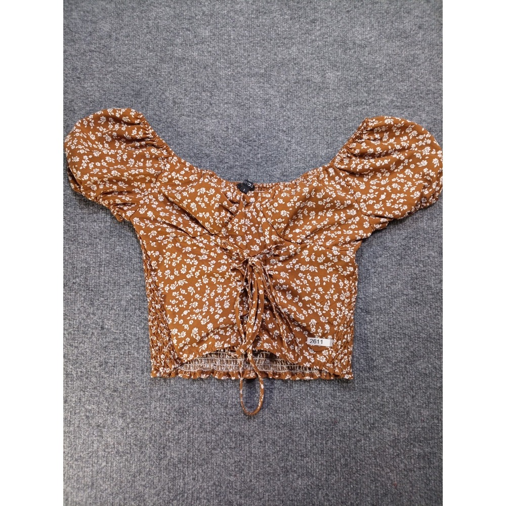 PaperMoon Women's Small Rust Floral Crop Top Puff Sleeve Ruched Tie Boho